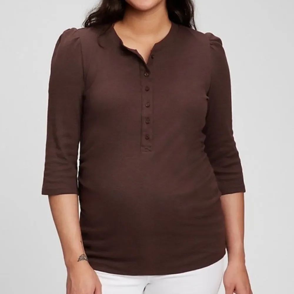 Gap Maternity Espresso Brown Rib Henley T-Shirt Long Puff Sleeves Extra Large